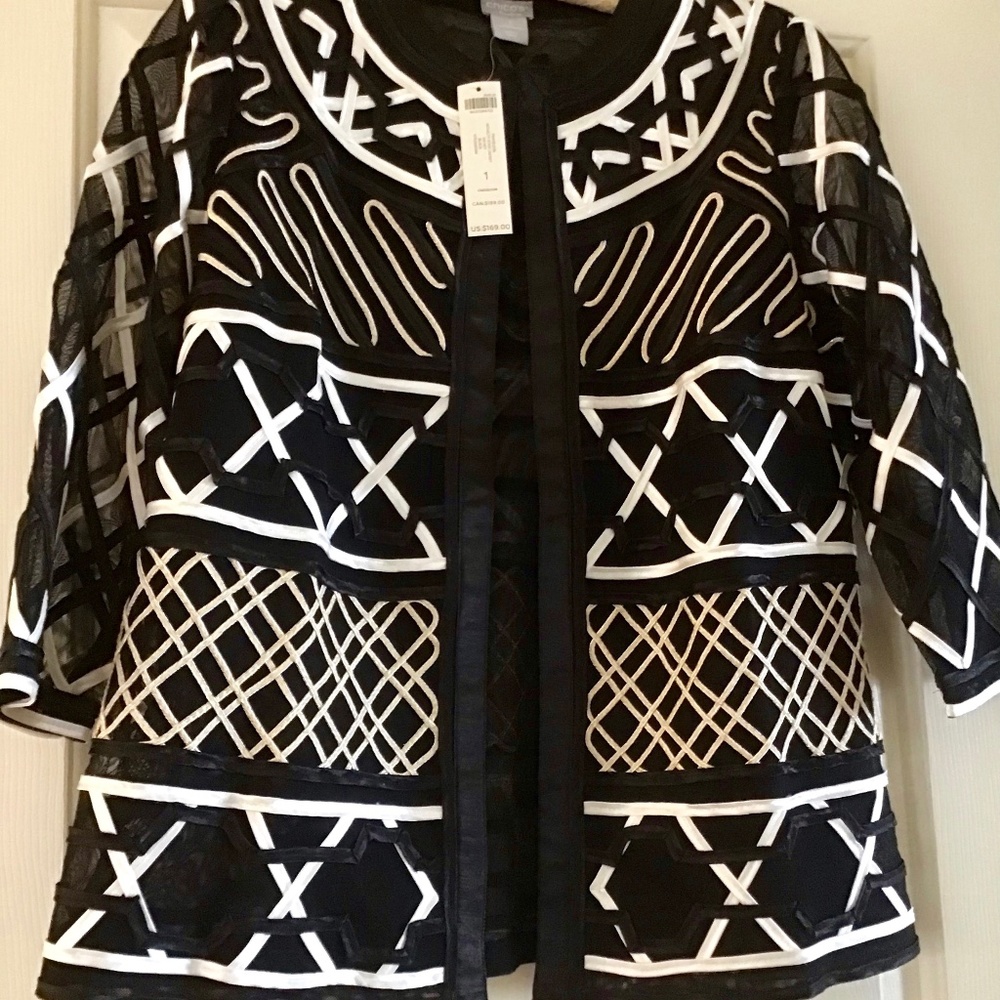 CHICOS Travelers Novelty Strip Mesh Jacket Size 1 (10-12); Black/White